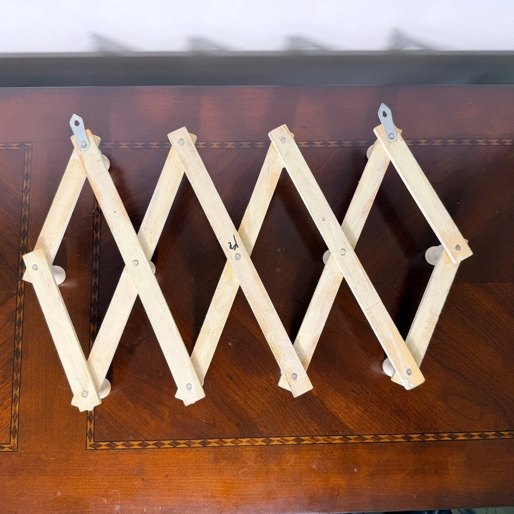 Vintage Accordion 10 Peg Rack Expandable White Wood Wall Mount Rustic Farmhouse